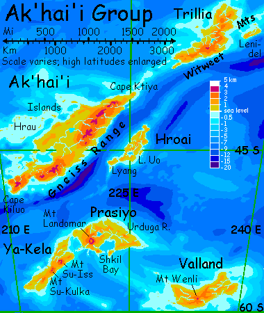 Map of the Ak'hai'i continent-cluster on Lyr, a world-building experiment.