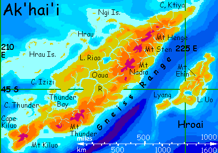 Map of the continent of Ak'hai'i on Lyr, a world-building experiment.