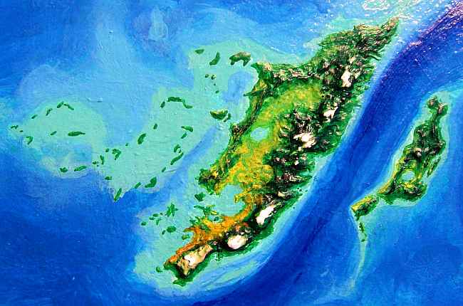 Orbital photo of Ak'hai'i, a landmass on Lyr, a model of a sea-world seven times Earth's mass. Click to enlarge.