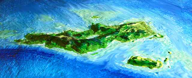 Orbital photo of Trillia, a large island northeast of the continent of Ak'hai'i on Lyr, a model of a large sea-world. Click to enlarge.