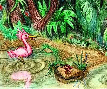 color pencil sketch: a toothed flamingo wades in a pond; a red lizard does push-ups on a rock; prehistoric-looking fern-trees all around.