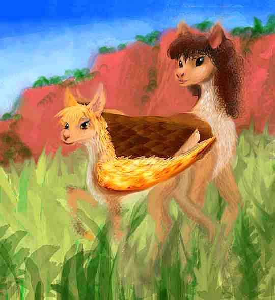 Antel mother and fawn in a meadow. Like deer with wings, curly manes, and large dark alert eyes. Red mesa in background.