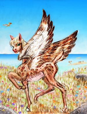 A winged antelope in profile, raising her wings and tail to show the pale undersides, used for signaling. Background: low, dry grassy islets in a shallow sea.