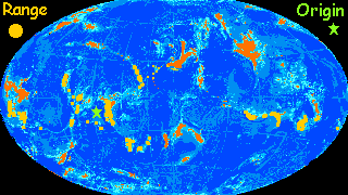 A map of Lyr, a large water world with small scattered continents. The tropical range of antel (winged, intelligent antelope) is marked in yellow