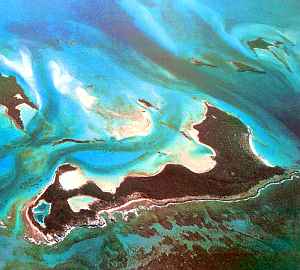 Coral atoll seen from the air: dark scrub, creamy sand, shallow turquoise sea.