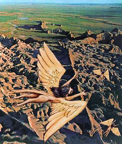 Three sphinxes, like winged lions, soaring over fluted badlands in low sunset light. Prairie in background. Click to enlarge.