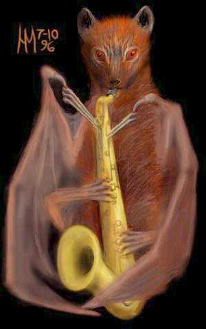 A bap--a huge, intelligent brown bat, playing a saxophone. Painting by Herman Miller, used with permission; see his own imaginary worlds at www.io.com/~hmiller/furry
