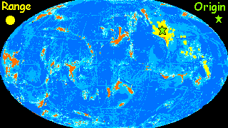 A map of Lyr, a large water world with small scattered continents. The small range of baps (big six-limbed bat musicians) is marked in yellow.