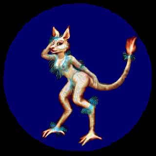 A bo: a scaly, forked-tongued, clawed, tailed, bipedal alien with big bovine ears and snout. Modeling an asymmetrical outfit like bits of blue feather boas around ankles, wrists, waist, tail, etc.