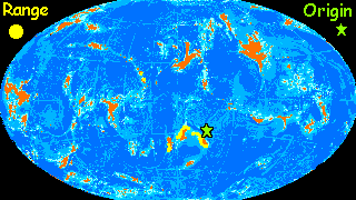 A map of Lyr, a large water world with small scattered continents. The tiny subtropical range of bos (dinosaurian bipeds) is marked in yellow