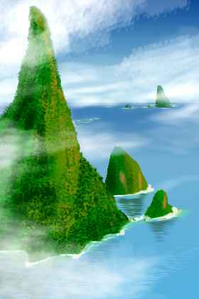 Two steep green pyramidal crags rising from deep sea, wreathed in mist