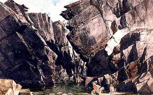 Rocky, narrow canyon. Small winged equine, feline and canine figures converse down by the water.