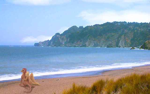 Foreground: gryphon and pegasus on a beach. Steep, cliffy, wooded cape behind them.