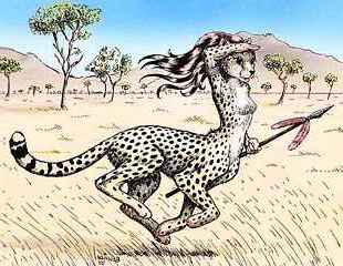 A cheetaur, an intelligent, centauroid, cheetah-pelted native of the savannas of Lyr, a model of a huge sea-world.