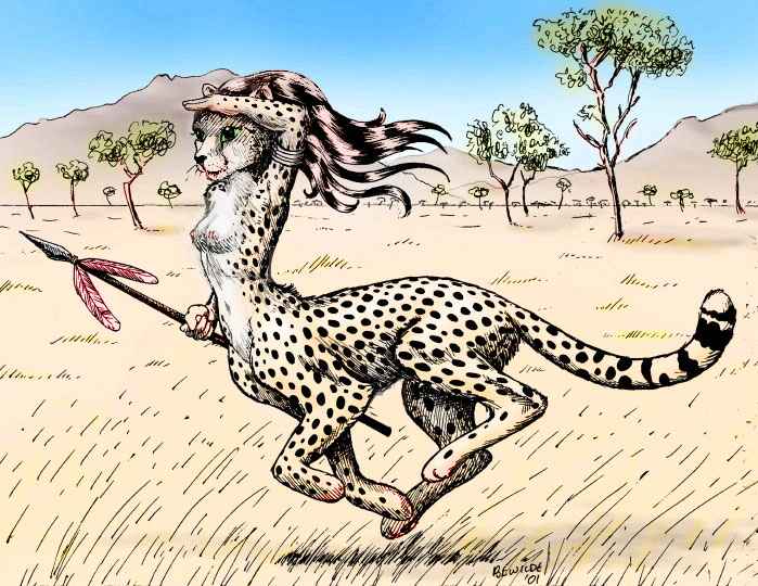 Female cheetaur in profile, loping across savanna on Lyr, an experimental world-model. Image based on an ink sketch by Bridget Wilde of VCL.