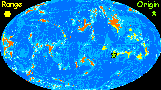 A map of Lyr, a large water world with small scattered continents. The range of cheetaurs (flightless, feline centauroids) is marked in yellow.