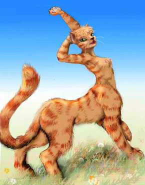 Female cheetaur of a stocky, faintly striped subspecies, stretching in a meadow on Lyr, an experimental world-model. Inspired by a line drawing by Aja Williams (http://kamicheetah.deviantart.com).