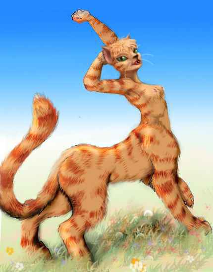 Female cheetaur of a stocky, faintly striped subspecies, stretching in a meadow on Lyr, an experimental world-model. Inspired by a line drawing by Aja Williams (http://kamicheetah.deviantart.com)