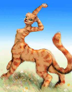 Female cheetaur of a stocky, faintly striped subspecies, stretching in a meadow on Lyr, an experimental world-model. Inspired by a line drawing by Aja Williams (http://kamicheetah.deviantart.com).