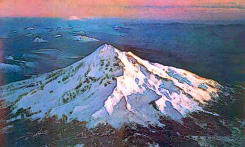 Snowy volcanic cone pink with alpenglow. Another, larger peak on horizon.