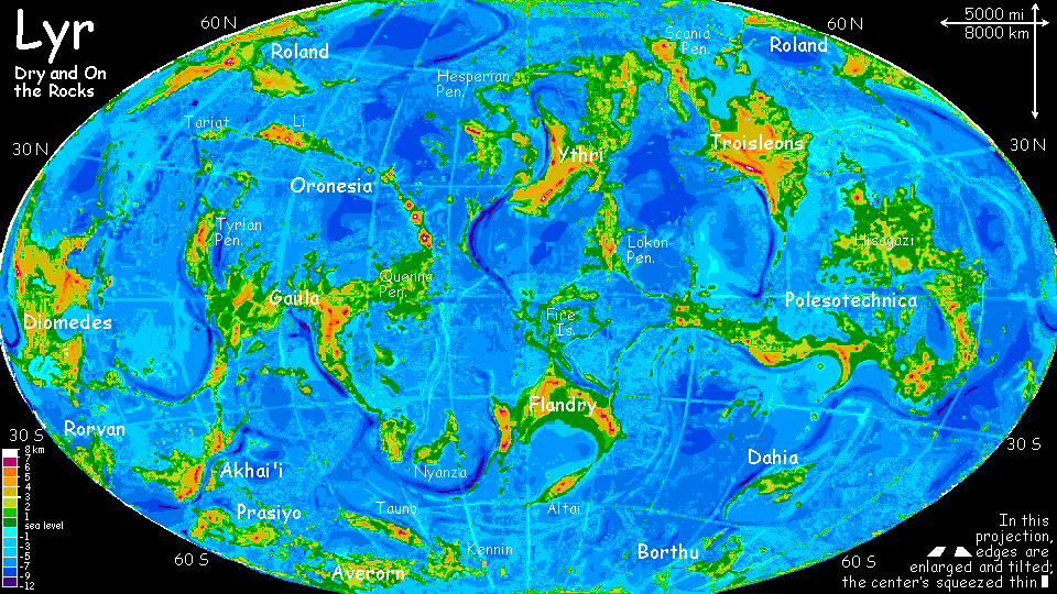 A map of Lyr with much of its water removed, to reveal the relatively Earthlike landforms that would result. Lyr is a hypothetical planet with oceans twice as deep as Earth's.