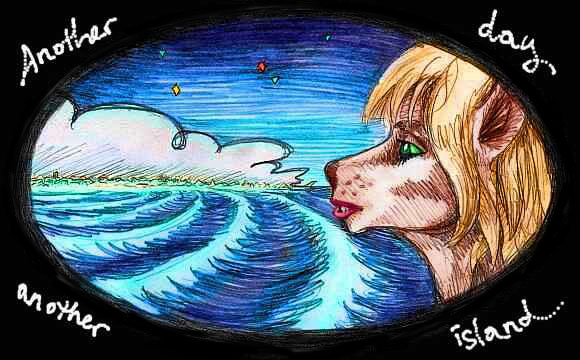 A canine/equine face in profile, with long snout, whiskers, green eyes, blonde mane, and large pointed ears, looks out over waves to low islets on the horizon. Dawn or dusk, a few stars in sky. Caption: 'Another day, another island.'