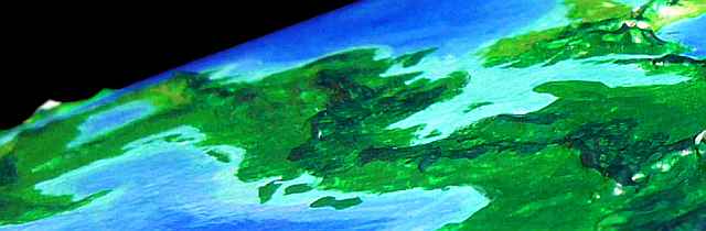 Low orbital photo looking north at Duna Isthmus, a rainforested land-bridge between two subcontinents, Lannach and Holmenach, on Lyr, a model of a huge sea-world.
