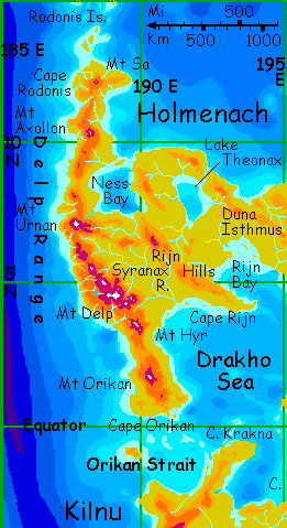 Map of the subcontinent of Homenach in the Diomedes region of Lyr, a world-building experiment.
