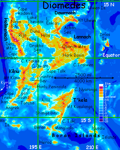 Map of the Diomedes region on Lyr, a world-building experiment. Five landmasses are shown: Lannach and Holmenach (linked), Daurnach,  Kilnu and Mirzabad (satellites). The group's the size of South America