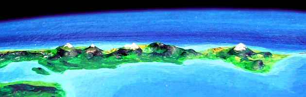Low orbital photo of Cape Rodonis on Holmenach, a subcontinent on Lyr, a model of a huge sea-world. Click to enlarge.