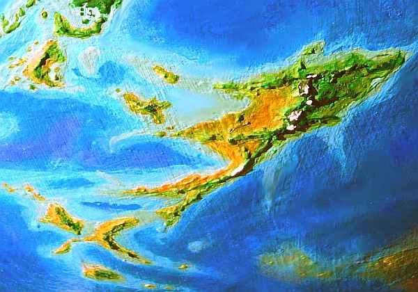 Orbital photo of T'kela, a large dry island on Lyr, a model of a huge sea-world.