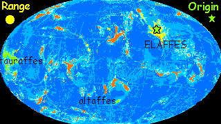 A map of Lyr, a large water world with small scattered continents. The small range of elaffes (intelligent giraffoids with prehensile trunks) is marked in yellow.