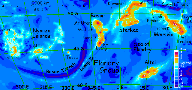 Map of the Flandry region on Lyr, a world-building experiment. Labeled: four small continents, Besar, Starkad, Mereseia and Altai, plus a large archipelago, the Nyanza Is.