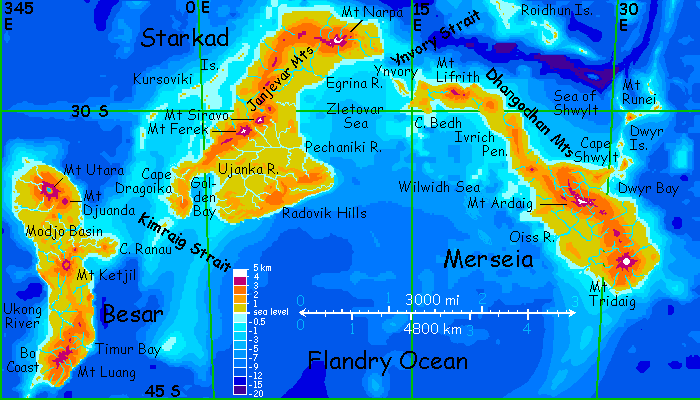Close-up map of Besar, Starkad and Merseia, in the Flandry region of Lyr, a world-building experiment.
