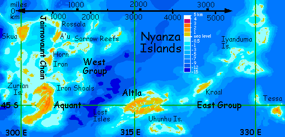 close-up map of the Nyanza Archipelago in the Flandry region of Lyr, a world-building experiment.