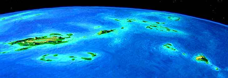 Low orbital photo of the eastern Nyanza Islands (Altla, the size of Britain, in left) on Lyr, a sea-world experiment in climatology. Click to enlarge.