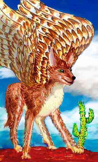 A flox, an intelligent, social omnivore from the equatorial zone of Lyr. A reddish coyote-like body with opposable thumbs on the forepaws, hollow bones, and hawk-wings.
