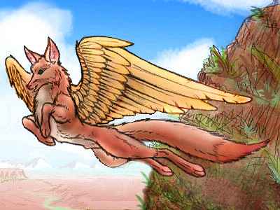 a flox, resembling a large, winged red fox, leaping in profile off a desert ledge. Illustration based on a line drawing by Eric Elliot of VCL.