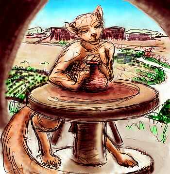 A flox, an intelligent, winged coyotelike cliffdweller, turning a pot on a wheel in a cliff-care. Fields and mesas in background.