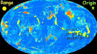 A map of Lyr, a large water world with small scattered continents. The wide tropical-subtropical range of floxes (cliff-dwelling flying foxes) is marked in yellow.