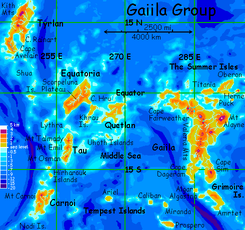 Map of the Gaiila land-cluster, on Lyr, a world-building experiment.