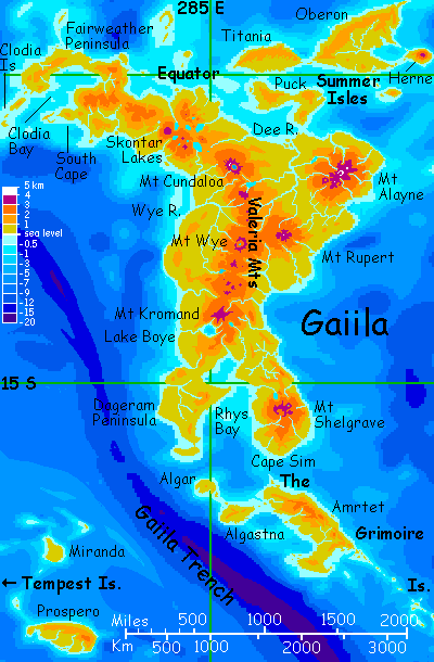 Close-up map of Gaiila, an equatorial continent on Lyr, a world-building experiment.