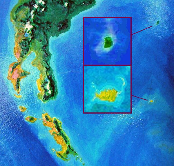 High orbital photo of Miri and an unnamed drier island east of Gaiila on Lyr, a giant sea-world.