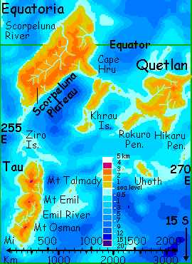 Map of Equatoria, Quetlan and Tau, in the Gaiila land-cluster, on Lyr, a world-building experiment.