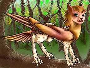 A griffet, a small, intelligent quadrupedal mammal standing on a rainforest branch. Birdlike wings but fur, claws, and large, nocturnal eyes set in a rather human face. Image based on a sketch by Skysong of VCL.