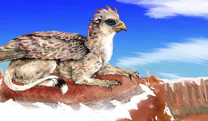 A green-eyed gryphon perched on the brink of a caldera like Haleakala; snow caps the cliffs. Gryphon based on 'Dun Hen' by Erin M. Schmidt of VCL.