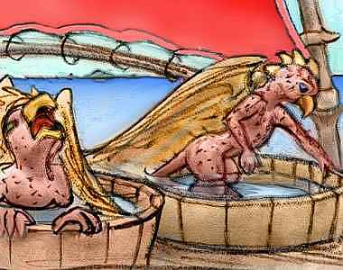 On the deck of a red-sailed ship, two plucked, pink, naked griffins sit wretchedly in barrel-tubs of water.