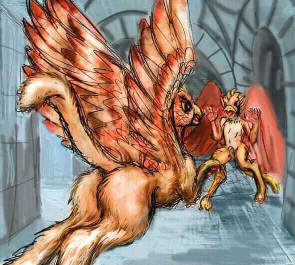 Two gryphons, with hawklike heads and wings and leonine bodies, between stone arches. One leaps in rage at the other who rears up, claws spread.