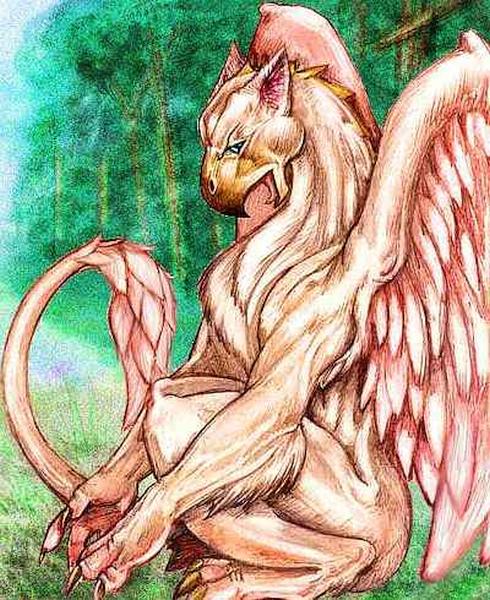 A gryphon in profile--golden leonine body but reddish hawklike wings and head, and forepaws with opposable thumbs. Misty trees in background
