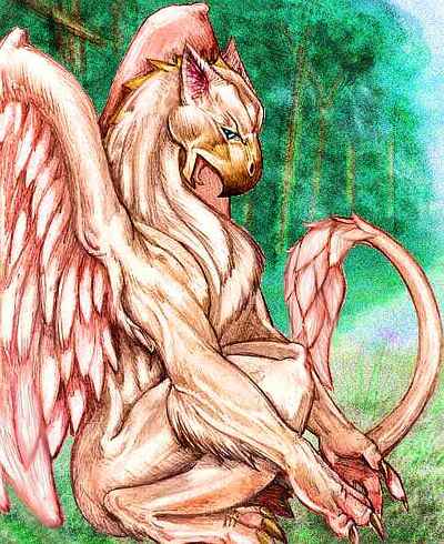 A seated gryphon. Leonine body, hawklike beak and wings, opposable thumbs. Misty trees in background.